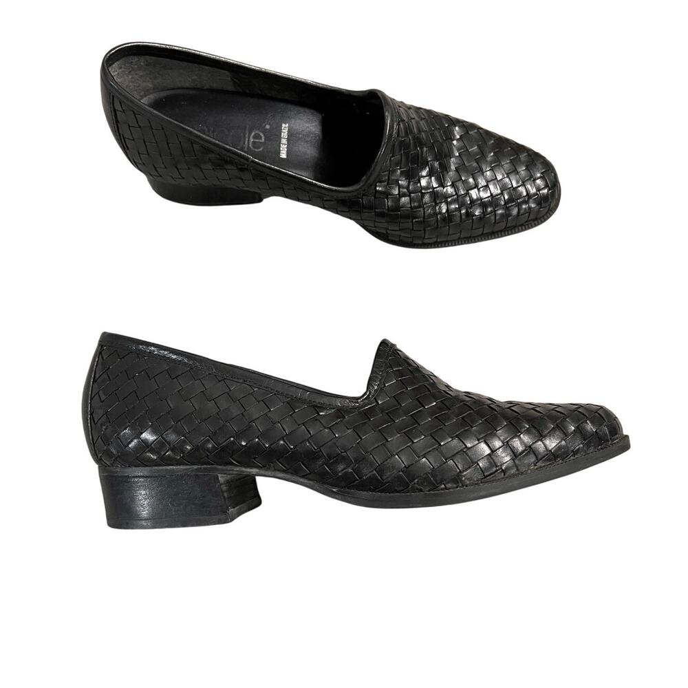 Vintage Nicole Black Woven Leather Loafers Made In Brazil Size 7